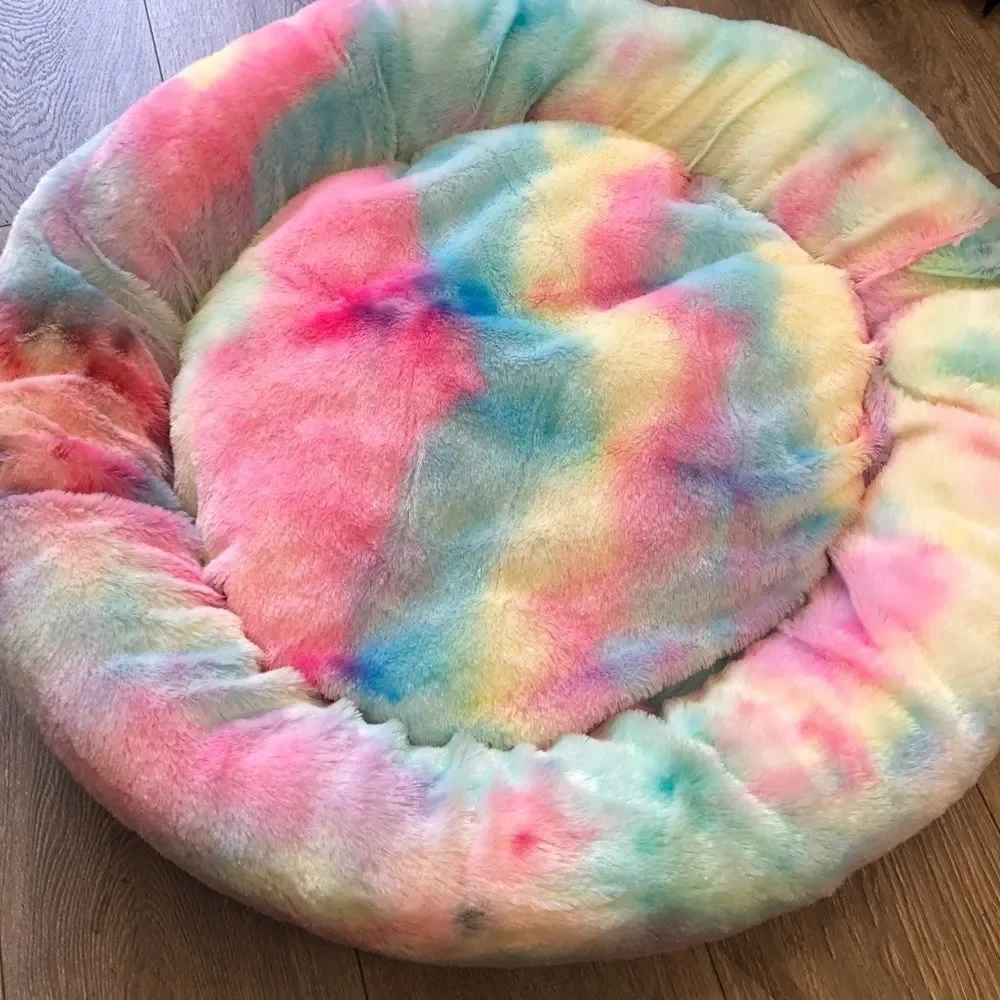 Rainbow Faux Donut Medium Dog Cat Bed - Anti-Anxiety Calming Fluffy Dog Cat Bed